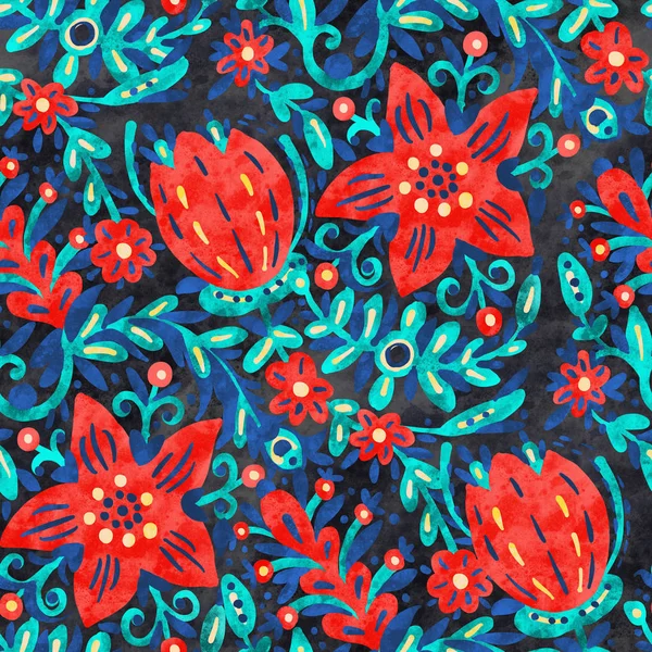 Colorful background with red flowers, acrylic painting. Seamless pattern. Hand-drawn illustration.