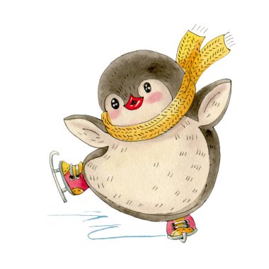 Kış illüstrasyon izole beyaz bir arka plan üzerinde paten komik karikatür penguen ile. Suluboya ve mürekkep çizim. 