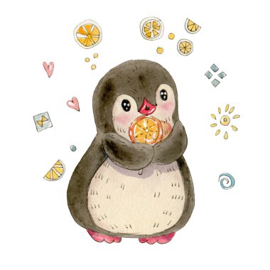 Kış illüstrasyon izole beyaz bir arka plan üzerinde şeker ile komik karikatür penguen ile. Suluboya ve mürekkep çizim. 