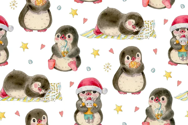 Patrón Sin Costuras Con Pingüinos Lindos Dibujo Dibujado Mano Con —  Fotos de Stock