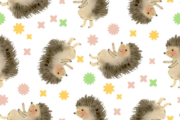 Çizgi film kirpi ile Seamless modeli. Resimde çizilmiş. Suluboya