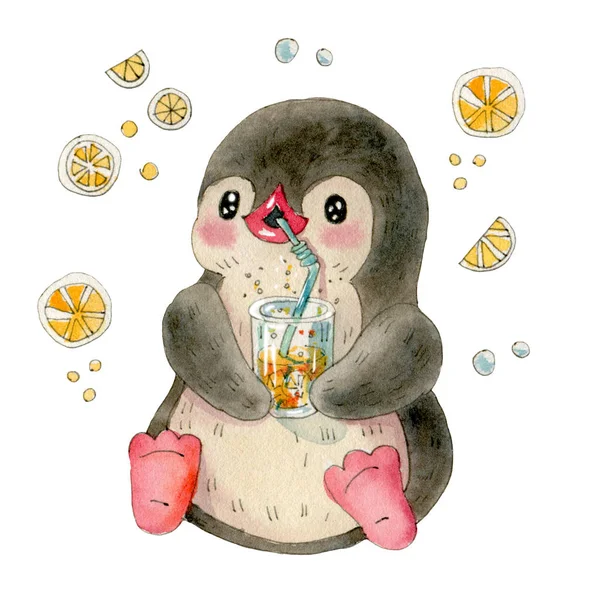 llustration with funny cartoon penguin with orange juice   isolated on a white background. Drawing in watercolor and ink.