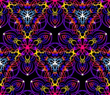  Retro tarzı siyah arka plan üzerine parlak Seamless modeli.