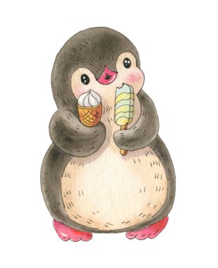 Kış illüstrasyon izole beyaz bir arka plan üzerinde dondurma ile komik karikatür penguen ile. Suluboya ve mürekkep çizim. 