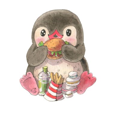 Kış illüstrasyon izole beyaz bir arka plan üzerinde bir hamburger olan komik karikatür penguen ile. Suluboya ve mürekkep çizim. 