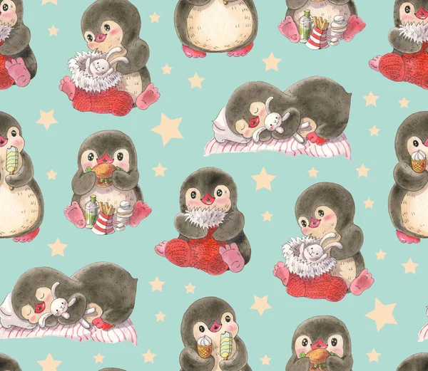 Patrón Sin Costuras Con Lindos Pingüinos Sobre Fondo Turquesa Dibujo —  Fotos de Stock