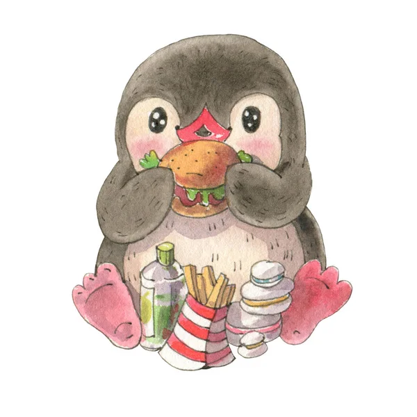 Winter illustration with funny cartoon penguin  with a hamburger  isolated on a white background. Drawing in watercolor and ink.