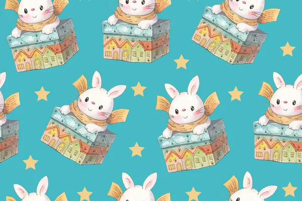 Seamless Pattern Funny Cartoon Bunnies Christmas Gift Drawing Watercolor Ink — Stock Photo, Image