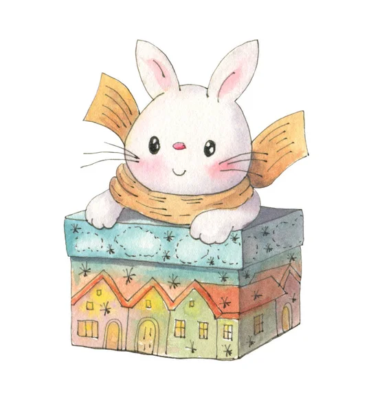 Cute Bunny with Christmas gift isolated on a white background. — Stock Image Cute Bunny Christmas Gift Isolated White Background Stock Image