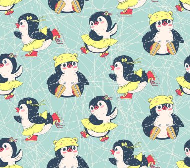 Şirin penguenlerle kusursuz desen. Elle çizilmiş illüstrasyon. Vektör.