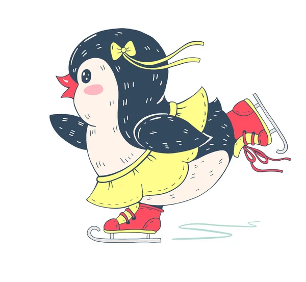 Ilustração Inverno Com Pinguim Desenho Animado Engraçado Patins Vetor —  Vetores de Stock