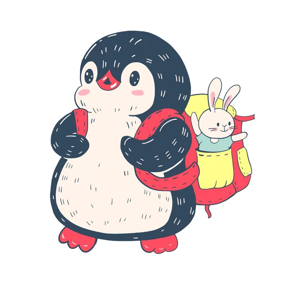 Ilustração Inverno Com Pinguim Desenho Animado Engraçado Com Coelho Brinquedo — Vetor de Stock
