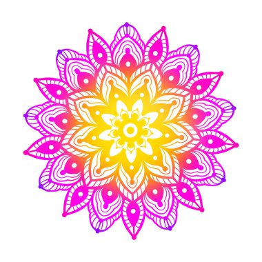 Beyaz arka plan üzerinde izole pembe ve sarı mandala. Resimde çizilmiş. 