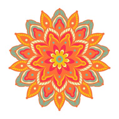 Beyaz arkaplanda çok renkli mandala izole edilmiş. Elle çizilmiş illüstrasyon. Vektör.