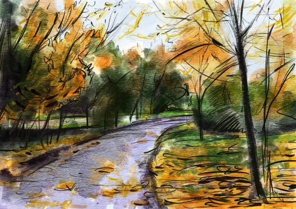 Autumn Landscape Drawing Watercolor Color Pencil Hand Drawn Illustration — Stock Photo, Image