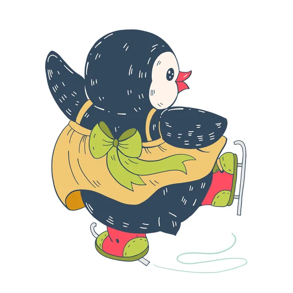 Ilustración Invierno Con Divertido Pingüino Dibujos Animados Patines Vector — Archivo Imágenes Vectoriales