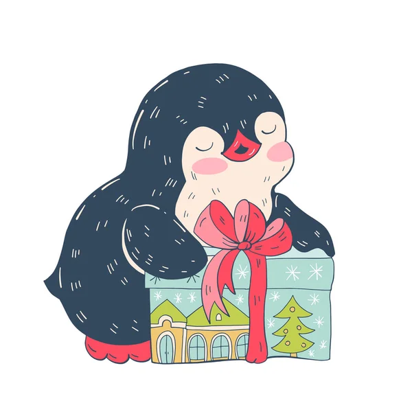 Zimní Obrázek Legrační Karikatura Tučňák Vánoční Dárek Vektor — Stockový vektor