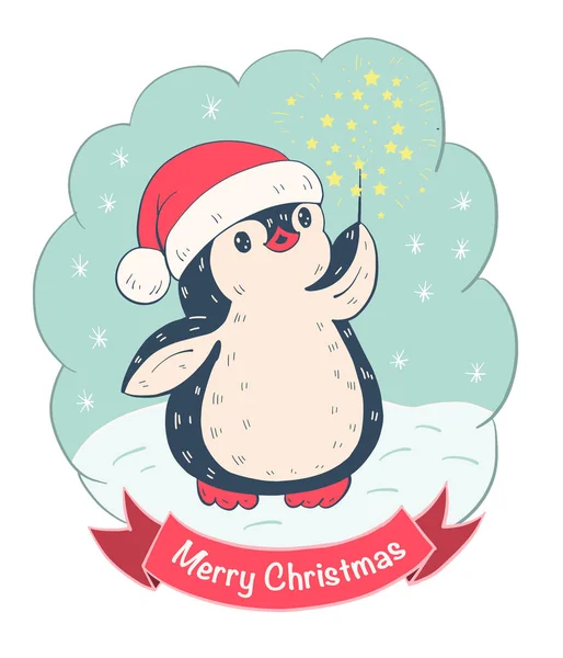 Winter Illustratie Met Grappige Cartoon Pinguïn Met Sparkler Vuur Vector — Stockvector