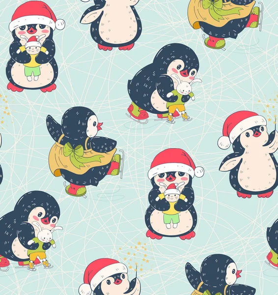 Patrón Sin Costuras Con Pingüinos Lindos Ilustración Hecha Mano Vector — Archivo Imágenes Vectoriales