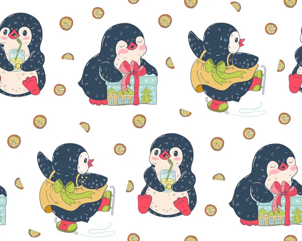Modello Senza Cuciture Con Simpatici Pinguini Illustrazione Disegnata Mano Vettore — Vettoriale Stock