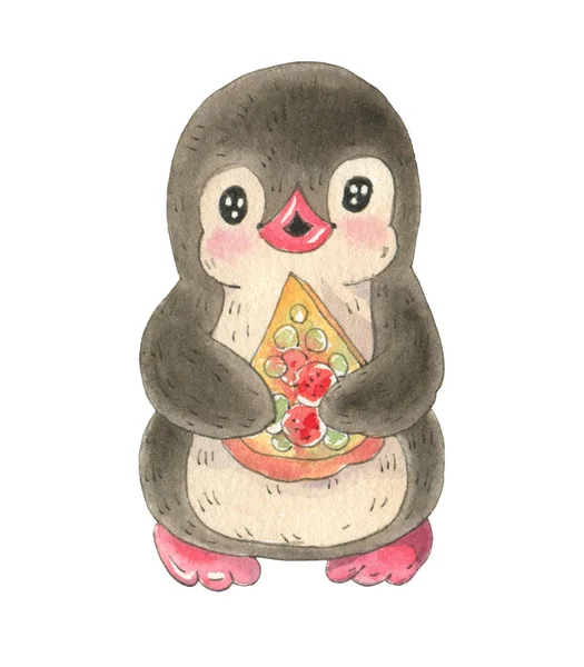İllüstrasyon izole beyaz bir arka plan üzerinde pizza ile komik karikatür penguen ile. Suluboya ve mürekkep çizim. 