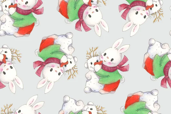 Seamless Pattern Funny Cartoon Bunnies Snowman Drawing Watercolor Ink Hand — Stock Photo, Image