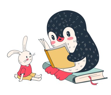 Resimde bir sevimli penguen ve bir oyuncak tavşan. Vektör.