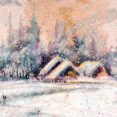  Kış manzara ile gün batımında küçük bir köy. Pastel çizim. Resimde çizilmiş. 