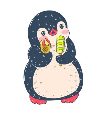 Kış illüstrasyon izole beyaz bir arka plan üzerinde dondurma ile komik karikatür penguen ile. Vektör
