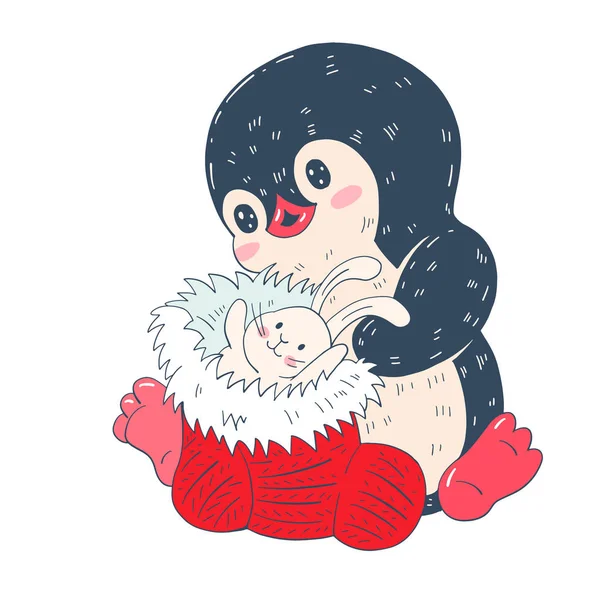 Ilustração Inverno Com Pinguim Desenho Animado Engraçado Com Meia Natal — Vetor de Stock