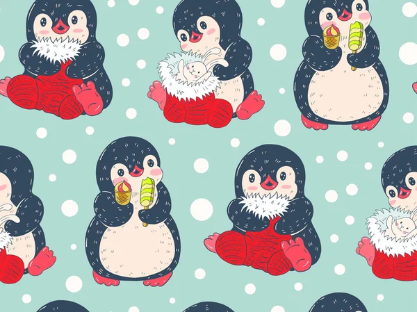 Padrão Sem Costura Com Pinguins Bonitos Ilustração Desenhada Mão Vetor — Vetor de Stock
