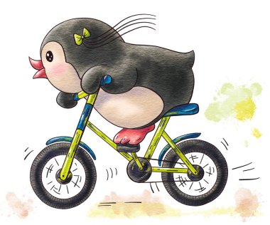 İllüstrasyon izole beyaz bir arka plan üzerinde bisiklet tarafından komik karikatür penguen ile. Suluboya ve mürekkep çizim. 