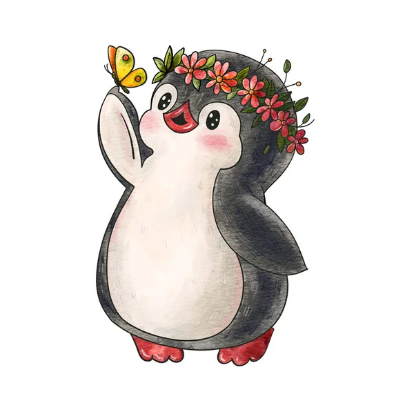 Illustration with funny cartoon penguin with a butterfly  isolated on a white background. Drawing in watercolor and ink.
