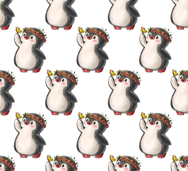 Jednolity Wzór Ładny Pingwiny Motyla Odręcznego Rysunku Akwareli Tuszu — Zdjęcie stockowe