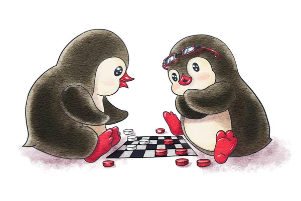 两只卡通企鹅在玩跳棋 水彩和墨画 — 图库照片