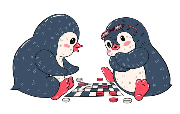 Dvě Kreslené Penguins Jsou Hraní Dáma Vektorové Ilustrace — Stock fotografie