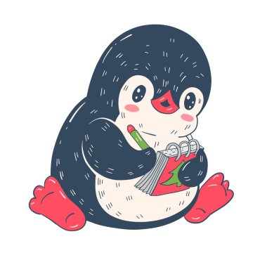 Gösterim: Not defteri ve kalem olan komik karikatür penguen ile. Vektör.