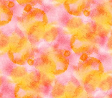 Pembe ve sarı suluboya noktalar ile soyut seamless modeli. Resimde çizilmiş.