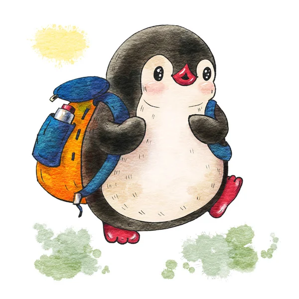 白い背景で隔離のバックパックで面白い漫画ペンギンのイラスト インクで描画 — ストック写真