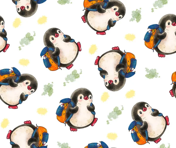 Bezszwowe Wzór Ładny Pingwiny Rysunku Odręcznego Akwareli Tuszu — Zdjęcie stockowe