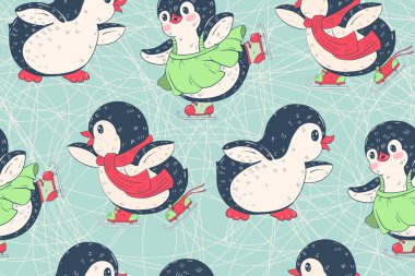 Şirin penguenlerle kusursuz desen. Elle çizilmiş illüstrasyon. Vektör.