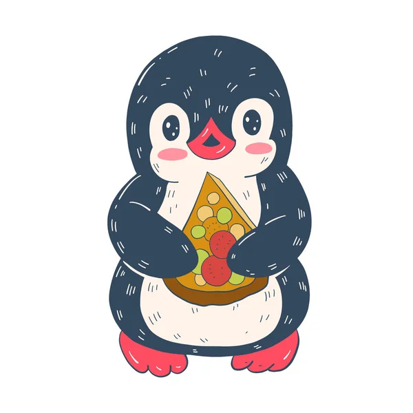 Ilustração Com Pinguim Desenho Animado Engraçado Com Pizzas Vetor — Vetor de Stock
