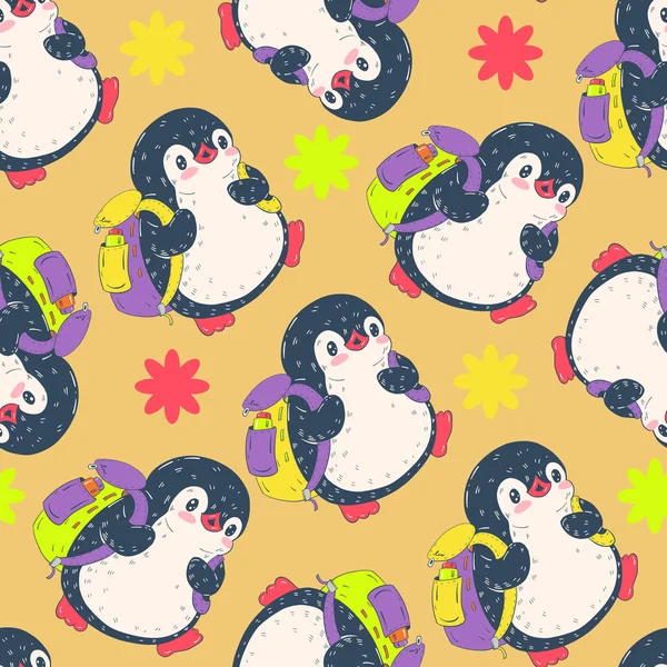 Patrón Sin Costuras Con Pingüinos Lindos Con Una Mochila Ilustración — Archivo Imágenes Vectoriales