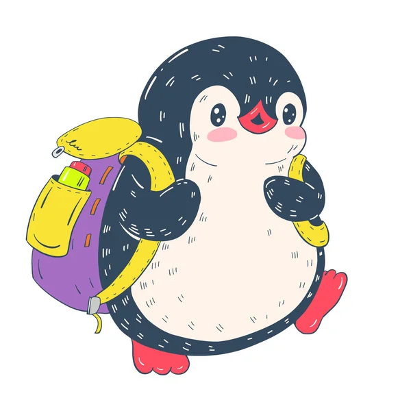 Ilustração Com Pinguim Desenho Animado Engraçado Com Mochila Vetor — Vetor de Stock