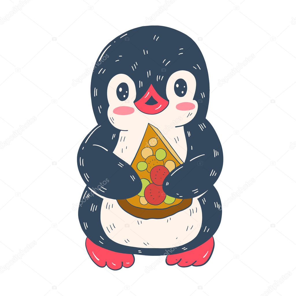 Illustration with funny cartoon penguin with pizzas. Vector.