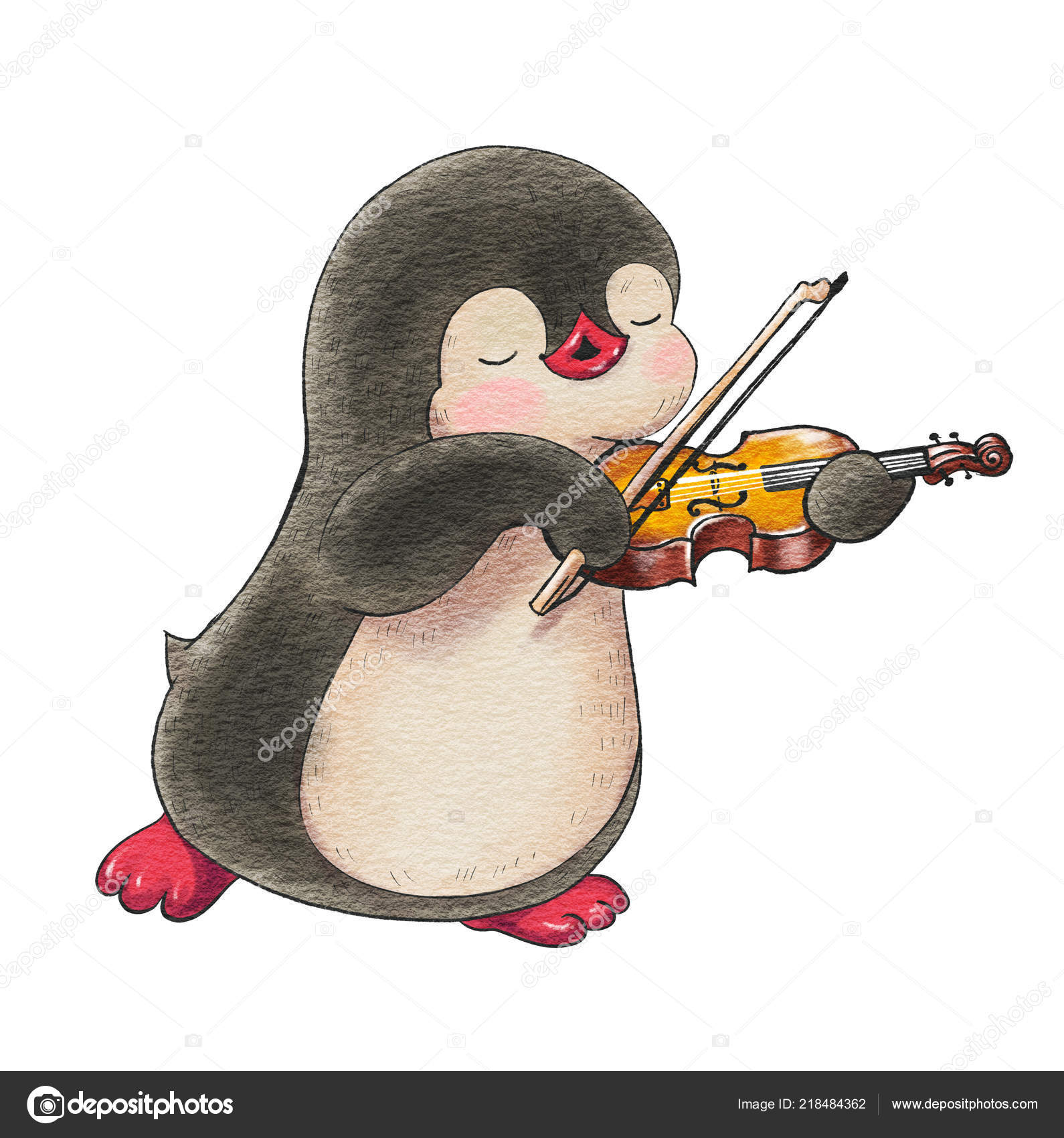 Illustration Funny Cartoon Penguin Violin Isolated White Background Drawing  Watercolor Stock Photo by ©tiff20 218484362