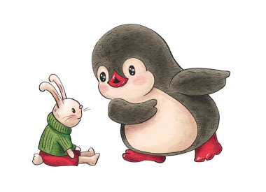 Komik karikatür penguen bir oyuncakla ile illüstrasyon Bunny beyaz bir arka plan üzerinde izole. Suluboya ve mürekkep çizim. 