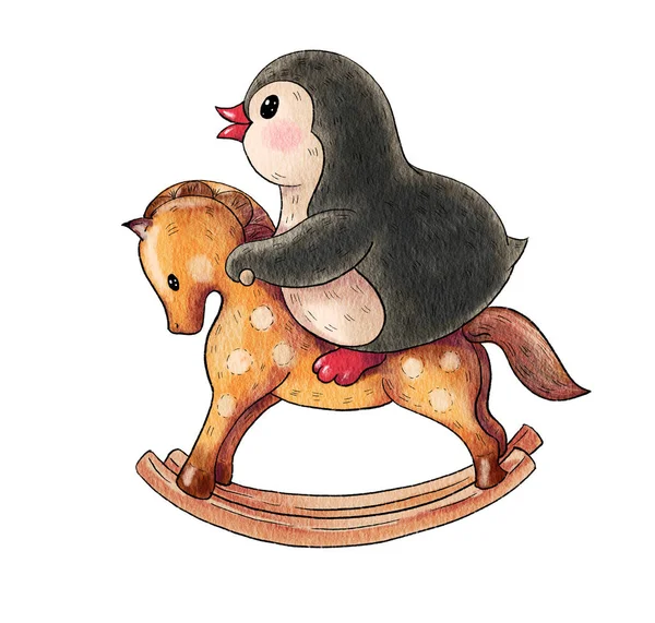 Ilustración Con Divertido Pingüino Dibujos Animados Sobre Caballo Juguete Aislado —  Fotos de Stock