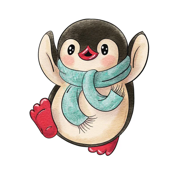 Illustration Mit Lustigem Cartoon Pinguin Einem Schal Auf Weißem Hintergrund — Stockfoto