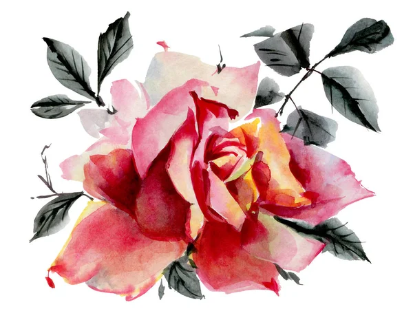 红色水彩花在白色的背景上隔离开来 手绘插图 — 图库照片